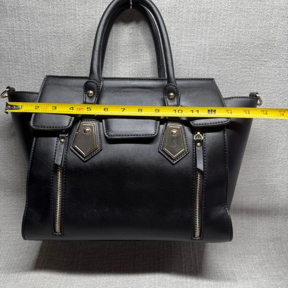 Black Faux Leather Satchel Handbag Large Tote Purse Gold Hardware Edgy Workwear